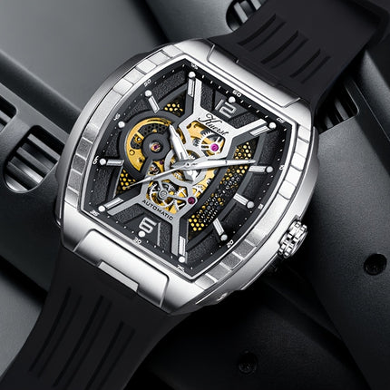 KUERST Men's Automatic Mechanical Watch – 3D Hollow Dial, Barrel Shape, Self-Winding, Vintage Sports Business Style with Rubber Strap