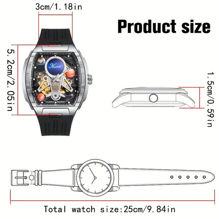 KUERST Men's Automatic Mechanical Watch – 3D Hollow Dial, Barrel Shape, Self-Winding, Vintage Sports Business Style with Rubber Strap