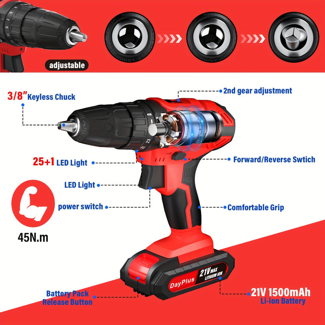 21V Cordless Electric Drill Set – 45Nm Power Drill with 25+1 Torque Settings, 2-Speed, LED Light & 29 Accessories for Home DIY