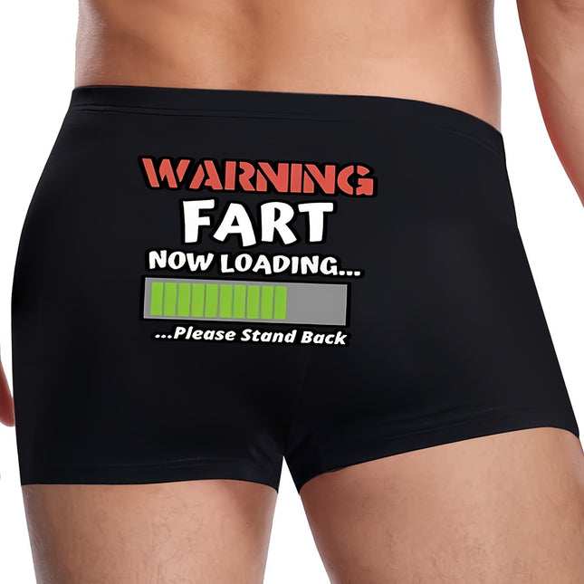 Men’s Funny “Warning! Fart Loading” Boxer Briefs – Soft Polyester Stretch Underwear, Humorous Alphabet Print, Breathable & Comfy Casual Shorts