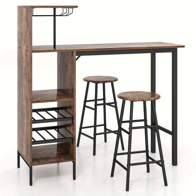 3-Piece Bar Table & Chairs Set – Industrial Pub Table with Wine Glass Holders & 6-Bottle Rack, Counter Height Dining Set for Kitchen, Living Room (Black)