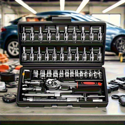 Black Multi-Purpose Car & Motorcycle Repair Toolbox – Complete DIY Tool Set with Ratchet Socket, Allen Wrench, Rod Attachments & Storage Case