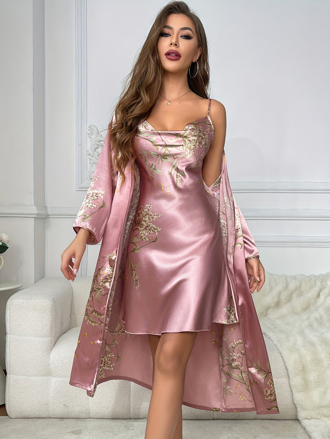 Women’s Sexy Cherry Print Satin Robe Set – 2-Piece Cowl Neck Sleepwear