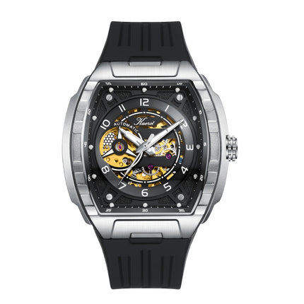KUERST Men's Automatic Mechanical Watch – 3D Hollow Dial, Barrel Shape, Self-Winding, Vintage Sports Business Style with Rubber Strap