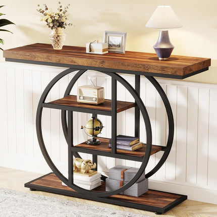 4-Tier Industrial Console Table – 105cm Rustic Brown Entryway Table with Circular Metal Frame & Engineered Wood Shelves for Living Room, Hallway, or Sofa Back