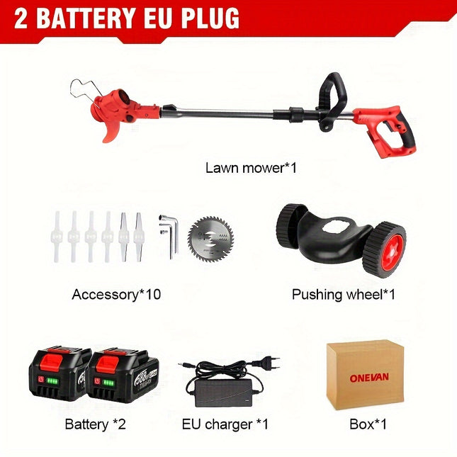 Cordless Electric Lawn Mower with 2 Batteries and 3 Blades – Adjustable, Powerful, Versatile