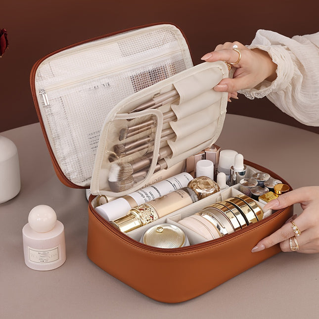 Large Capacity Multi-Layer Detachable Cosmetic Bag – PU Travel Makeup Organizer with Brush Holder, Portable & Odorless, Unisex Beauty Essentials Storage, Ideal Couples Gift
