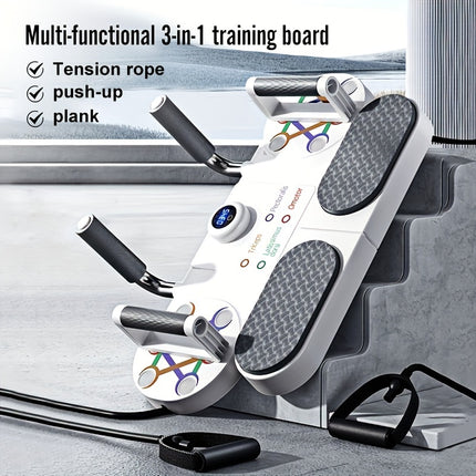 Multi-Functional Push-Up Stand with Timer, Resistance Bands & Tablet Holder – Portable Home Gym with Carry Case – Battery-Powered (White/Grey)