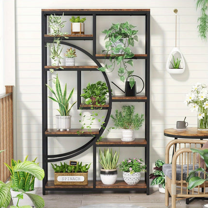 Modern 5-Tier Freestanding Bookshelf – Rustic Brown Wood with Black Metal Frame, 9 Open Shelves & Curved Half-Moon Design for Living Room, Bedroom, or Office