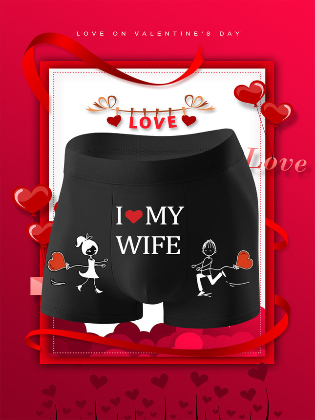 1pc Men’s “I Love My Wife” Boxer Briefs – Soft Stretch Polyester, Playful Heart & Stick Figure Print, Comfortable Everyday Underwear