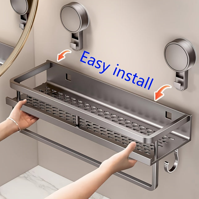 1pc Rustproof Wall-Mounted Shower Caddy with Suction Cups – Polished Floating Shelf with Towel Hooks, Space-Saving Bathroom Organizer for Shampoo, Soap & Essentials
