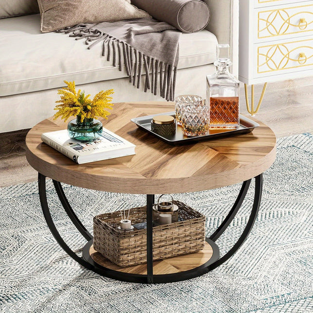 Modern Round Coffee Table with 2-Tier Storage – 80.5cm Faux Wood Top & Sturdy Metal Frame, Easy Assembly for Living Room, Office, or Reception