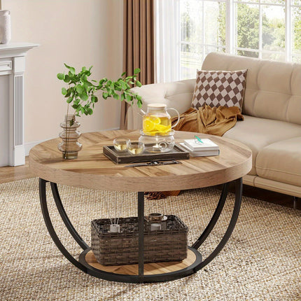 Modern Round Coffee Table with 2-Tier Storage – 80.5cm Faux Wood Top & Sturdy Metal Frame, Easy Assembly for Living Room, Office, or Reception