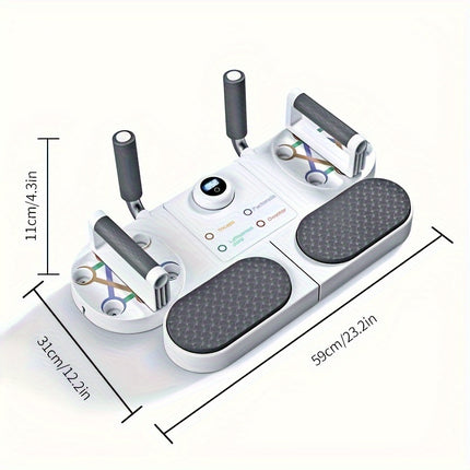Multi-Functional Push-Up Stand with Timer, Resistance Bands & Tablet Holder – Portable Home Gym with Carry Case – Battery-Powered (White/Grey)