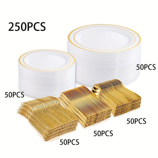 250pcs Elegant Gold & Silver Plastic Dinnerware Set – Plates & Cutlery for 50 Guests