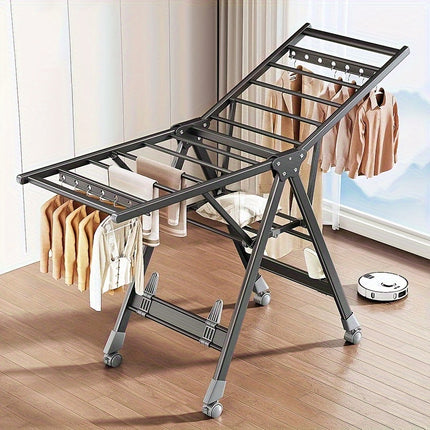 Heavy-Duty Folding Clothes Drying Rack – Aluminum A-Frame with Shoe Rack, Adjustable Height, 4 Wheels, Tool-Free Setup | Indoor/Outdoor | Gray