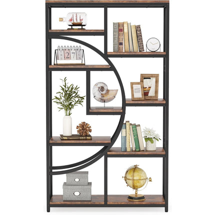 Modern 5-Tier Freestanding Bookshelf – Rustic Brown Wood with Black Metal Frame, 9 Open Shelves & Curved Half-Moon Design for Living Room, Bedroom, or Office
