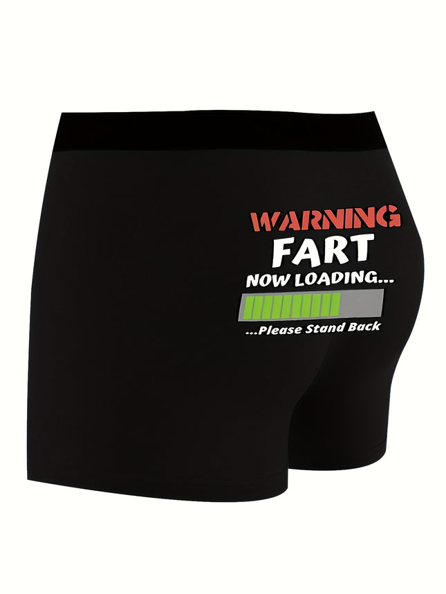 Men’s Funny “Warning! Fart Loading” Boxer Briefs – Soft Polyester Stretch Underwear, Humorous Alphabet Print, Breathable & Comfy Casual Shorts