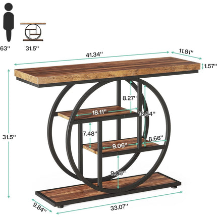 4-Tier Industrial Console Table – 105cm Rustic Brown Entryway Table with Circular Metal Frame & Engineered Wood Shelves for Living Room, Hallway, or Sofa Back