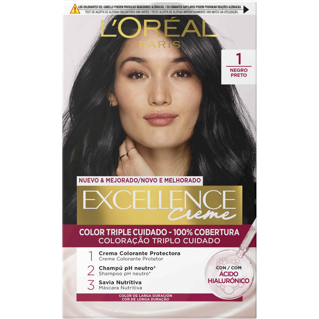 L'Oréal Paris Excellence Creme Black 1 – Permanent Hair Color with Triple Care & Hyaluronic Acid