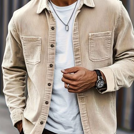 Men’s Casual Corduroy Shirt – White Long Sleeve Button-Up with Double Patch Pockets, Fall Street Style Essential