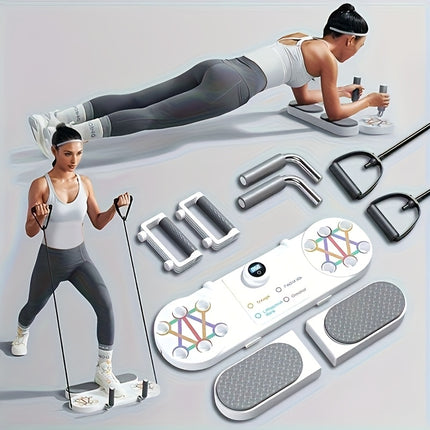 Multi-Functional Push-Up Stand with Timer, Resistance Bands & Tablet Holder – Portable Home Gym with Carry Case – Battery-Powered (White/Grey)