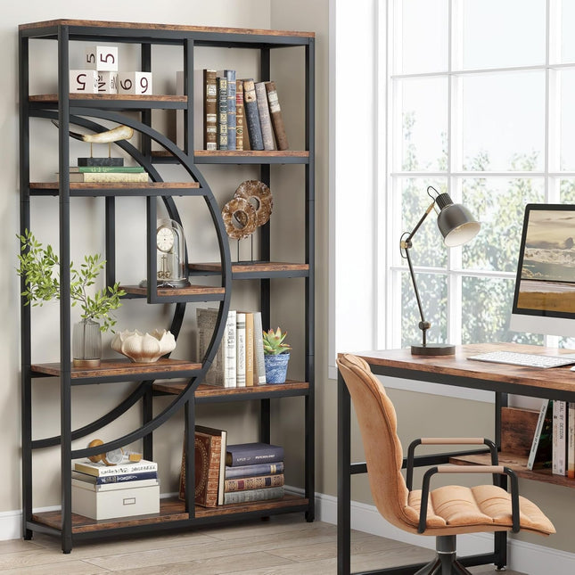 Modern 5-Tier Freestanding Bookshelf – Rustic Brown Wood with Black Metal Frame, 9 Open Shelves & Curved Half-Moon Design for Living Room, Bedroom, or Office