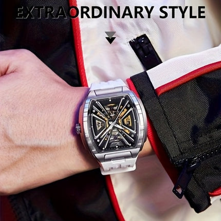 KUERST Men's Automatic Mechanical Watch – 3D Hollow Dial, Barrel Shape, Self-Winding, Vintage Sports Business Style with Rubber Strap