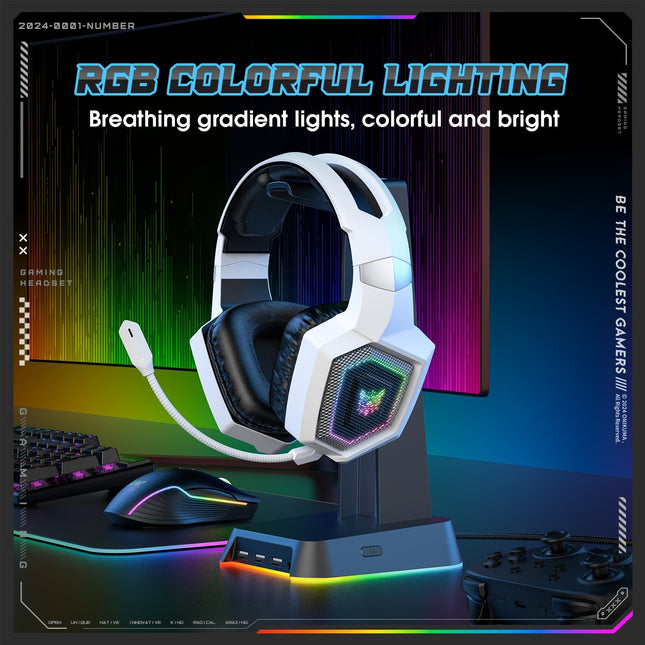 ONIKUMA 7.1 Wireless Gaming Headset | RGB Lights | Detachable Mic | Type-C Charging | White Hexagon Design