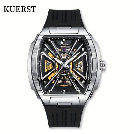 KUERST Men's Automatic Mechanical Watch – 3D Hollow Dial, Barrel Shape, Self-Winding, Vintage Sports Business Style with Rubber Strap