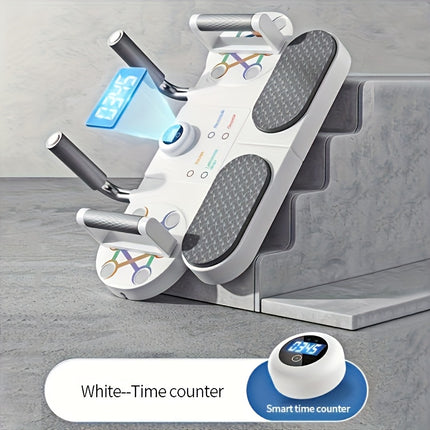 Multi-Functional Push-Up Stand with Timer, Resistance Bands & Tablet Holder – Portable Home Gym with Carry Case – Battery-Powered (White/Grey)