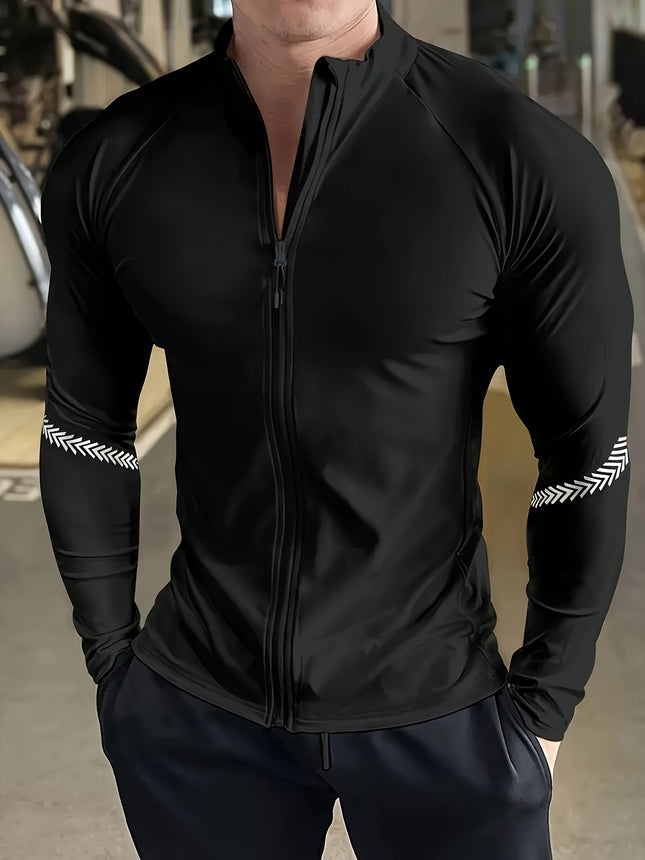 Men’s Ultra-Breathable Long Sleeve Sports Jacket – Quick-Dry Slim Fit with Chest Pockets, Stand Collar & Striped Accents