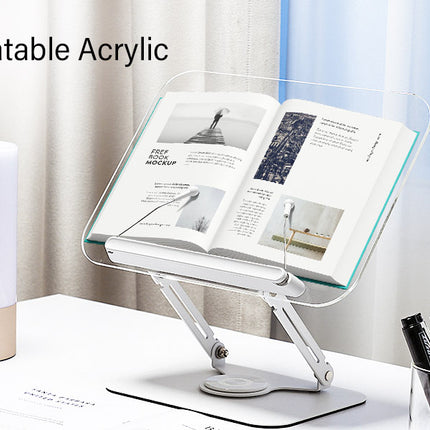 Adjustable Acrylic Book Stand with 360° Rotating Base – Foldable Desktop Reading Holder with Elastic Page Clips & Height Adjustment