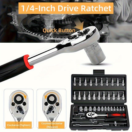 Black Multi-Purpose Car & Motorcycle Repair Toolbox – Complete DIY Tool Set with Ratchet Socket, Allen Wrench, Rod Attachments & Storage Case