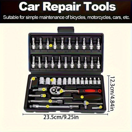 Black Multi-Purpose Car & Motorcycle Repair Toolbox – Complete DIY Tool Set with Ratchet Socket, Allen Wrench, Rod Attachments & Storage Case