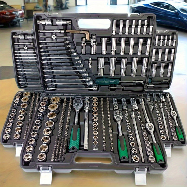 Black Multi-Purpose Car & Motorcycle Repair Toolbox – Complete DIY Tool Set with Ratchet Socket, Allen Wrench, Rod Attachments & Storage Case