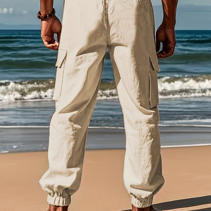 Men’s White Casual Cargo Pants – Solid Color Linen Blend with Drawstring Waist & Multiple Pockets for Everyday & Outdoor Wear
