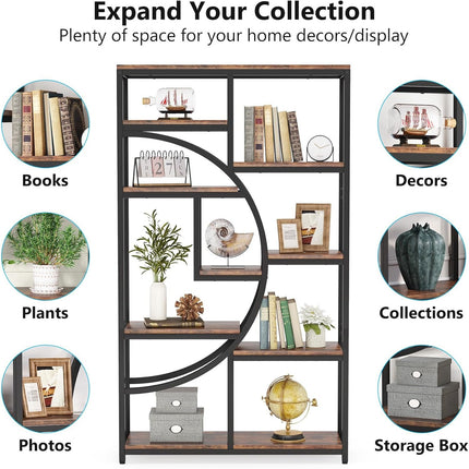 Modern 5-Tier Freestanding Bookshelf – Rustic Brown Wood with Black Metal Frame, 9 Open Shelves & Curved Half-Moon Design for Living Room, Bedroom, or Office