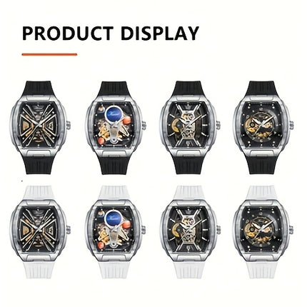 KUERST Men's Automatic Mechanical Watch – 3D Hollow Dial, Barrel Shape, Self-Winding, Vintage Sports Business Style with Rubber Strap