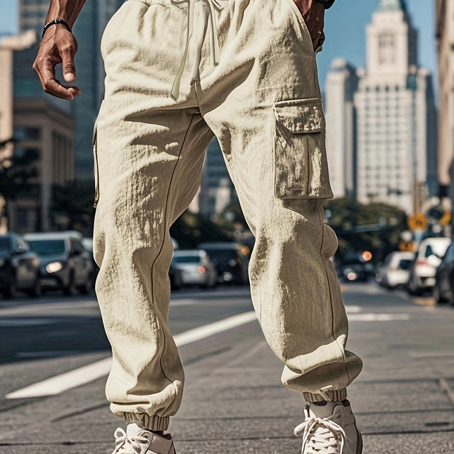 Men’s White Casual Cargo Pants – Solid Color Linen Blend with Drawstring Waist & Multiple Pockets for Everyday & Outdoor Wear