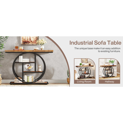 4-Tier Industrial Console Table – 105cm Rustic Brown Entryway Table with Circular Metal Frame & Engineered Wood Shelves for Living Room, Hallway, or Sofa Back