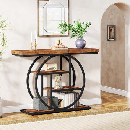 4-Tier Industrial Console Table – 105cm Rustic Brown Entryway Table with Circular Metal Frame & Engineered Wood Shelves for Living Room, Hallway, or Sofa Back