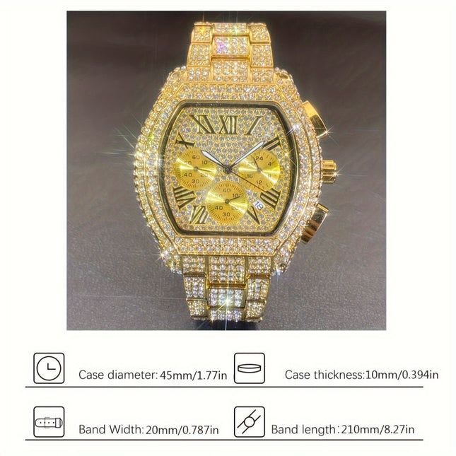 MISSFOX Men’s Iced Out Quartz Watch – Barrel Dial, Rhinestone Party Watch with Stopwatch