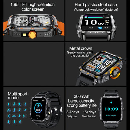 1.95" Smart Watch with LED Flashlight | Waterproof, 100+ Sports Modes, USB Charging | Compatible with Android & iPhone