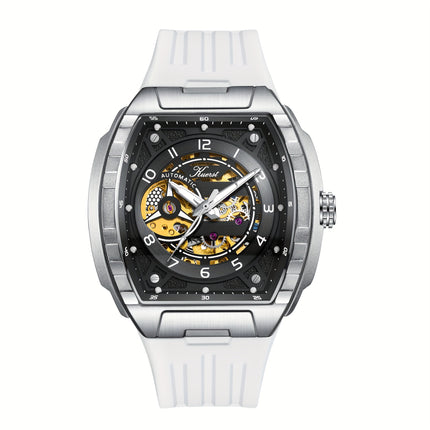 KUERST Men's Automatic Mechanical Watch – 3D Hollow Dial, Barrel Shape, Self-Winding, Vintage Sports Business Style with Rubber Strap