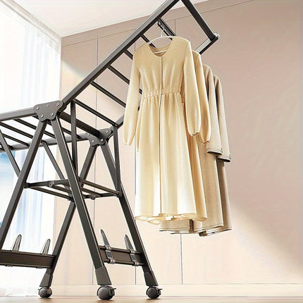 Heavy-Duty Folding Clothes Drying Rack – Aluminum A-Frame with Shoe Rack, Adjustable Height, 4 Wheels, Tool-Free Setup | Indoor/Outdoor | Gray