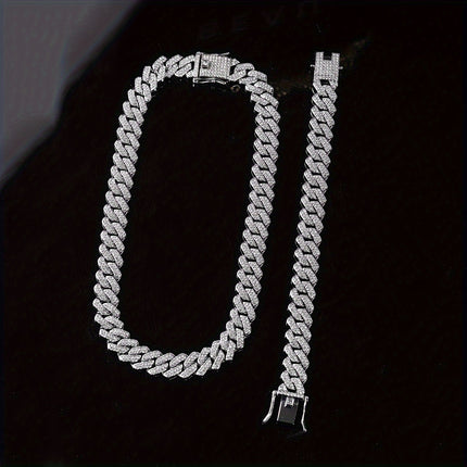 2pcs Unisex Hip Hop Jewelry Set – Silver Plated Necklace + Bracelet with Rhinestones | Punk Style Chain Set for Men & Women