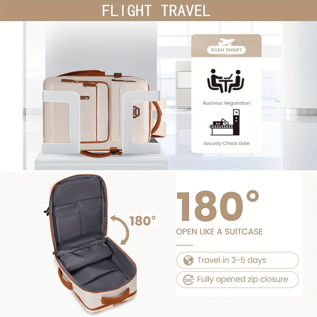 AIRLINE-APPROVED 39.62cm Laptop Travel Backpack with Shoe Compartment & Luggage Strap - Beige & Brown Business & Hiking Daypack