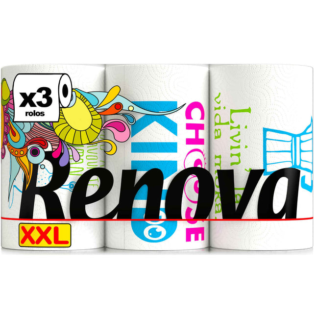 Rolo de Cozinha Renova Design XXL – 3 Rolos | Colorful, Durable & FSC® Certified