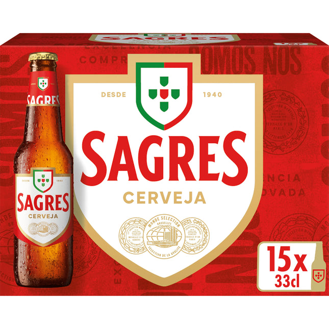 Sagres Beer – Pack 15x33cl Bottles | Classic Portuguese Pilsener with 5% Alcohol